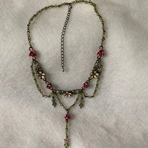 Vintage Style Crystal & Enamel Rose Necklace